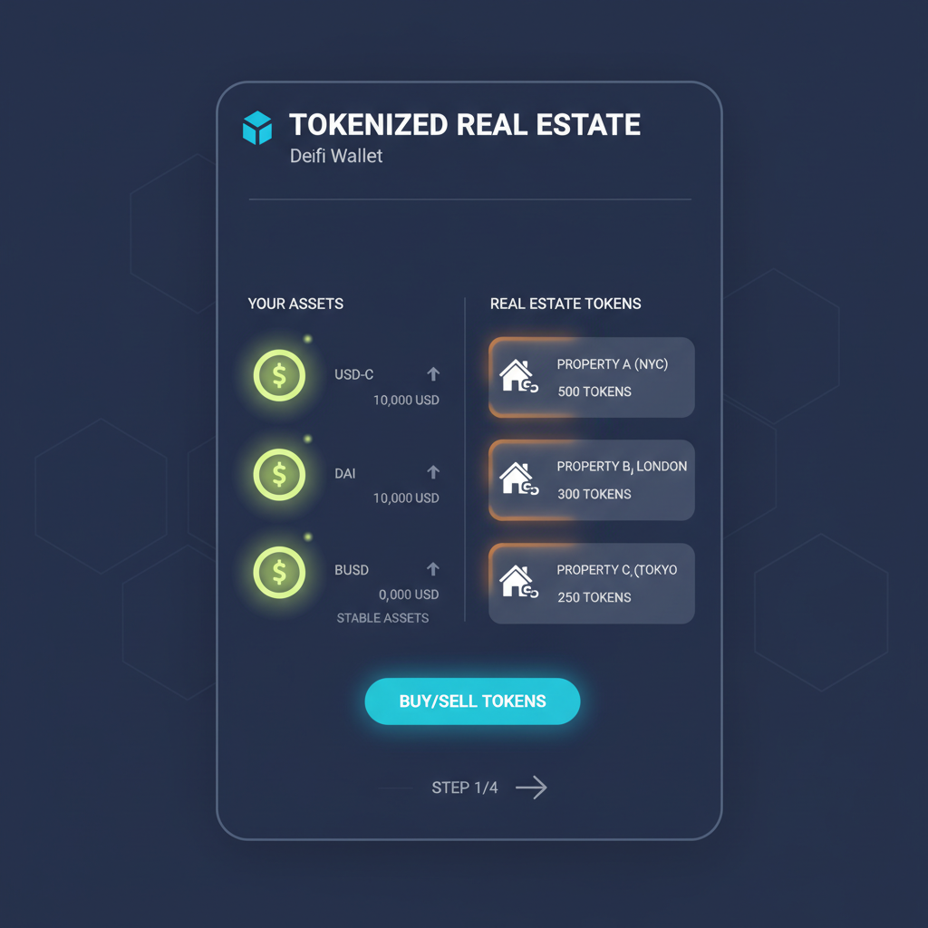 tokenized real estate on blockchain, DeFi wallet interface, stable assets glowing