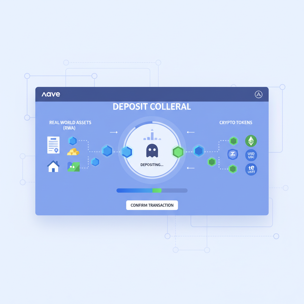 Aave DeFi dashboard depositing RWA collateral, blockchain tokens flowing in
