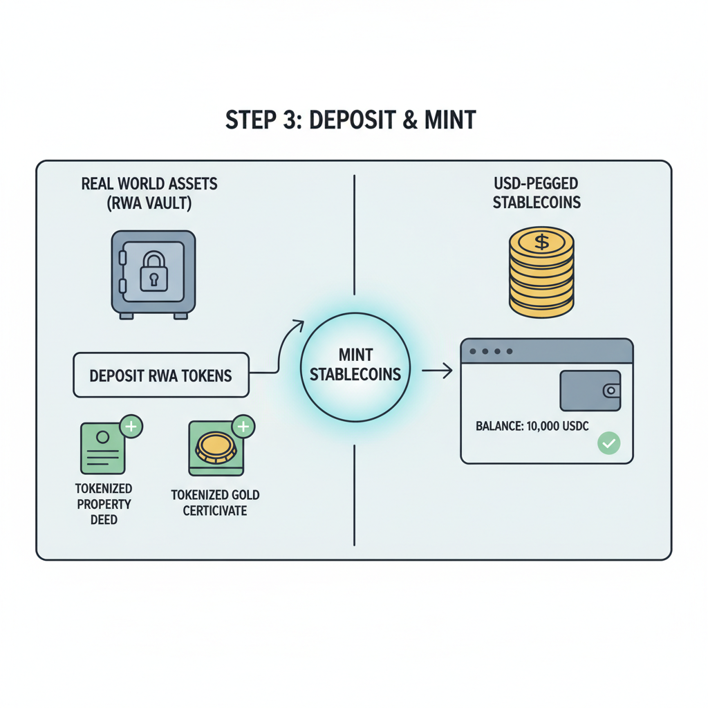 Blockchain vault interface depositing RWA tokens, minting stablecoins