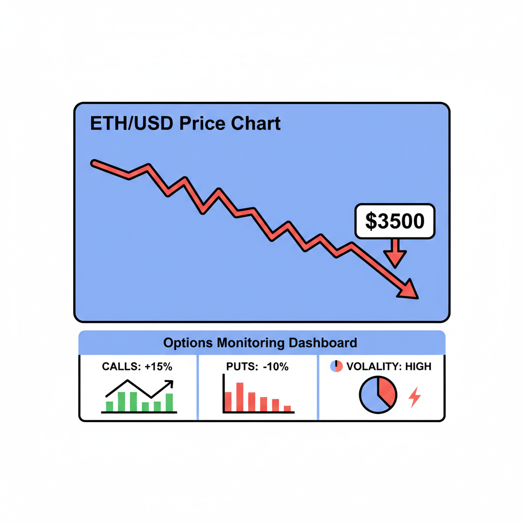Volatile ETH price chart dropping to $3500, options monitoring dashboard