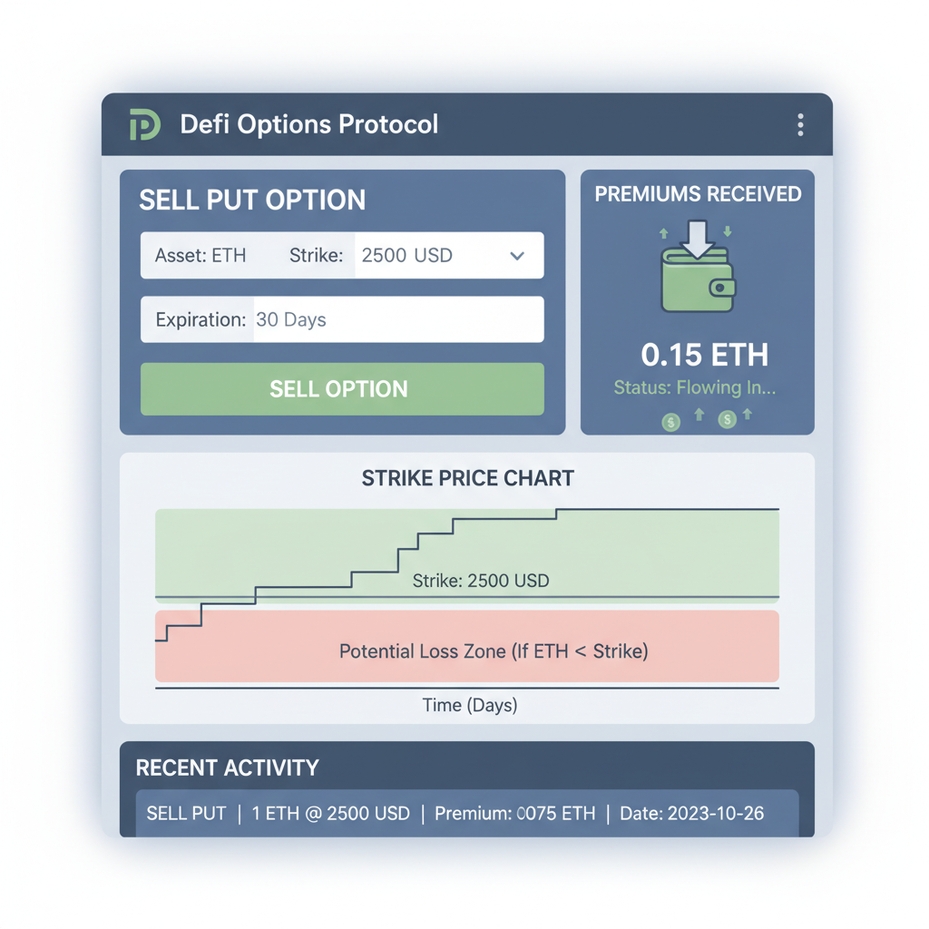 DeFi options interface selling ETH put, premiums flowing in, strike price chart