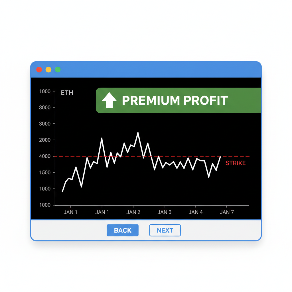 monitoring ETH price chart above strike, green premium profit indicator