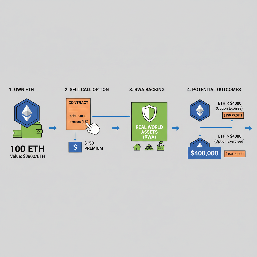 Selling covered call on owned ETH strike $4000 premium $150, RWA backing