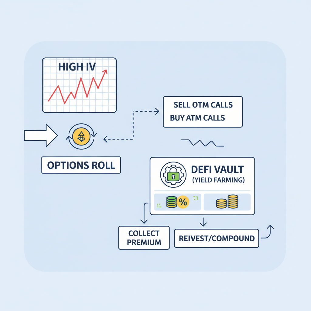 Options rolling strategy diagram, high IV chart, DeFi vault integration