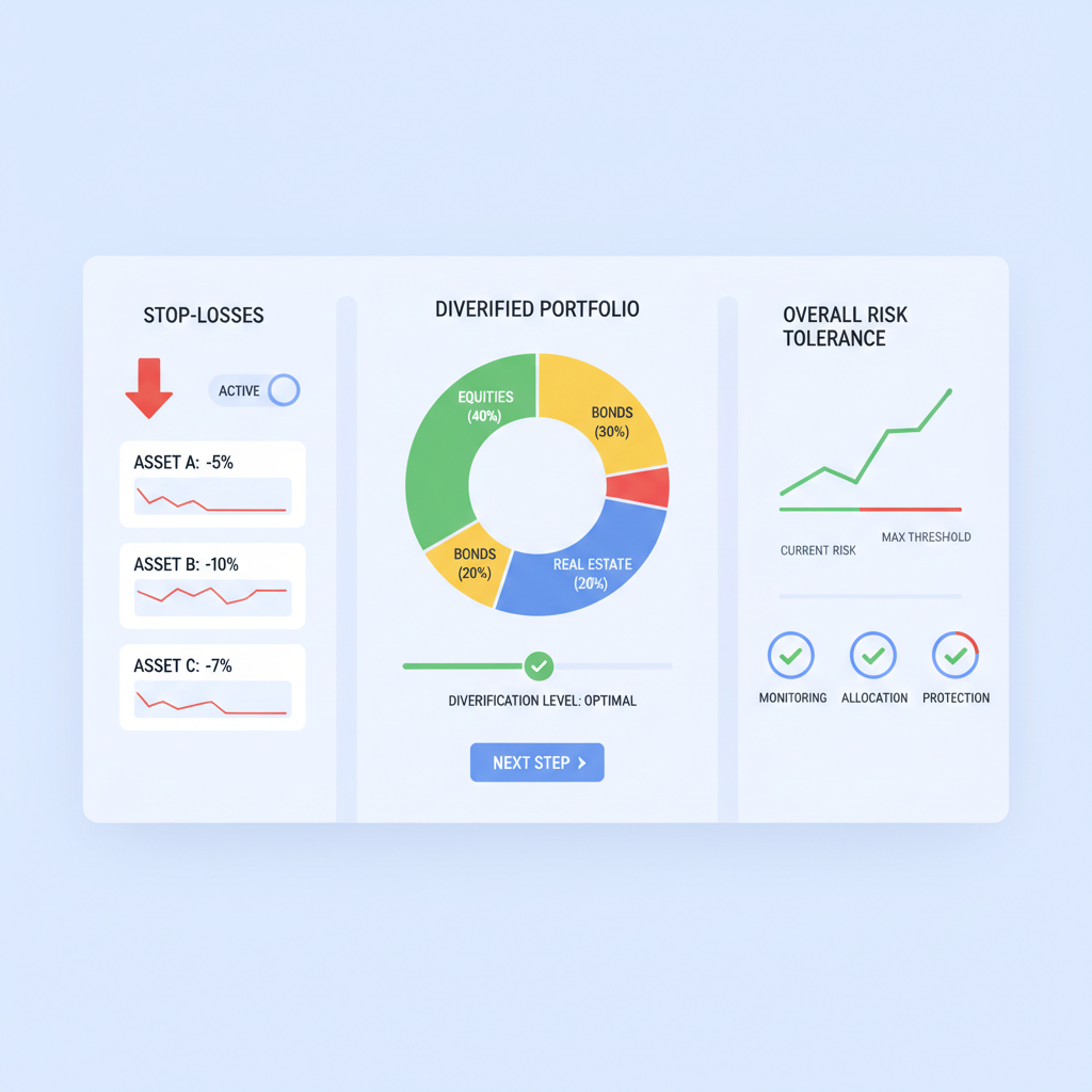 Risk management dashboard with stop-losses, diversified portfolio pie chart