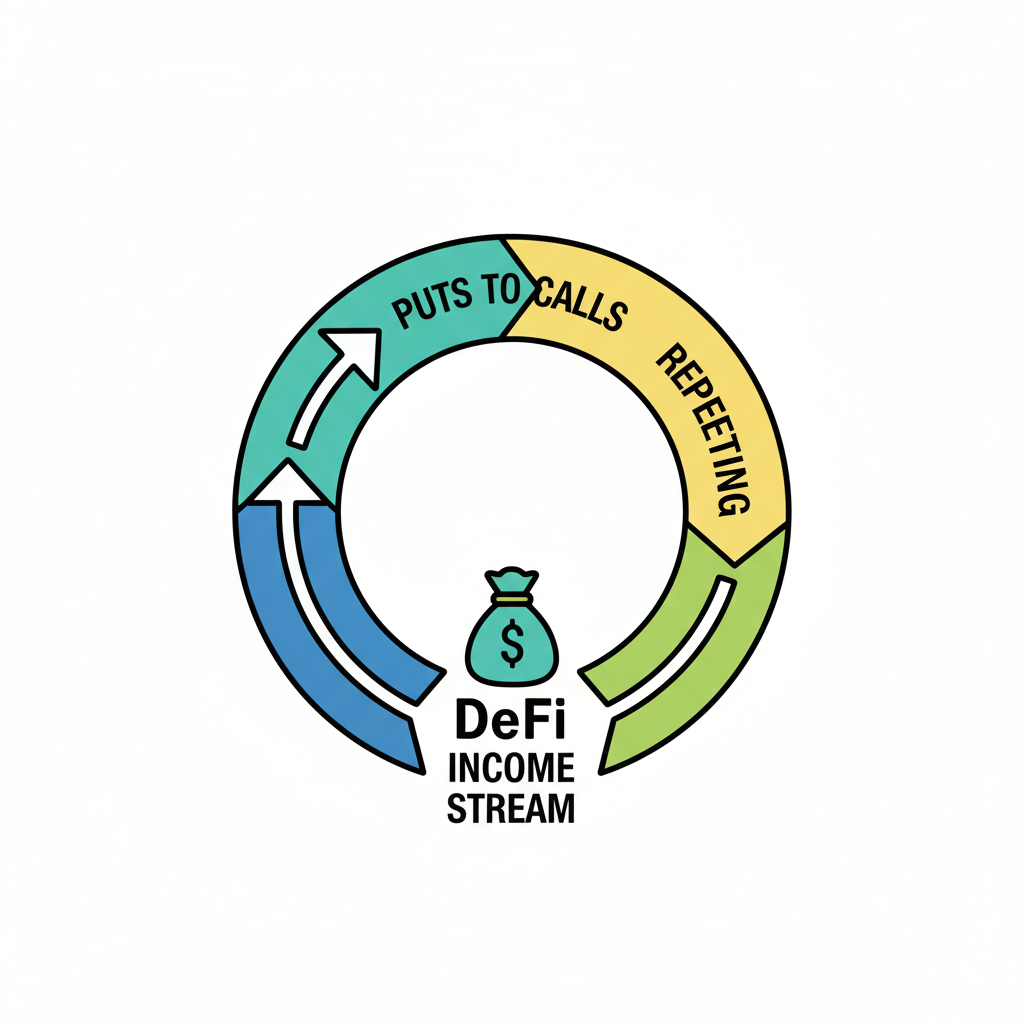 wheel cycle diagram: puts to calls repeating, DeFi income stream