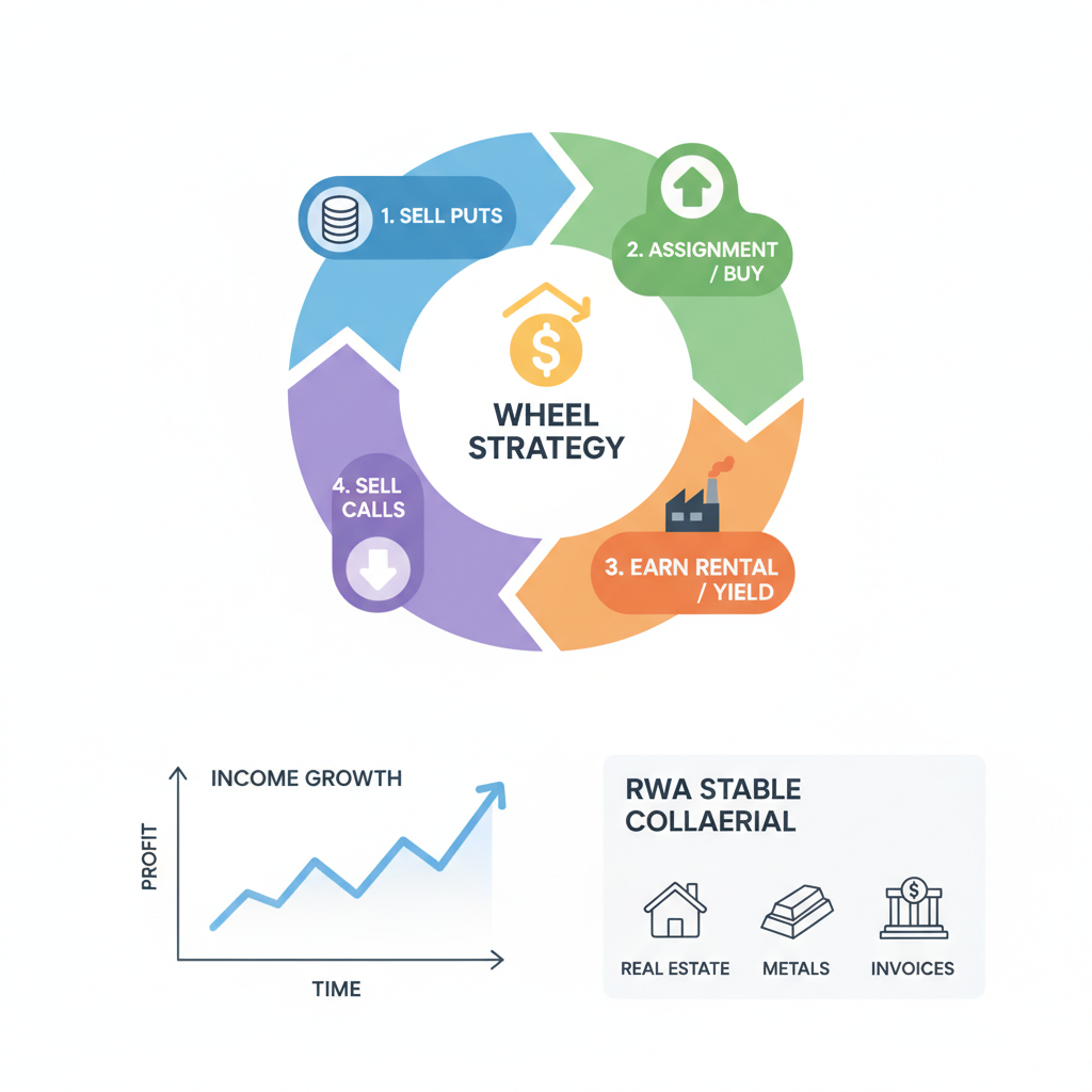 Wheel strategy cycle diagram, income graph, RWA stable collateral