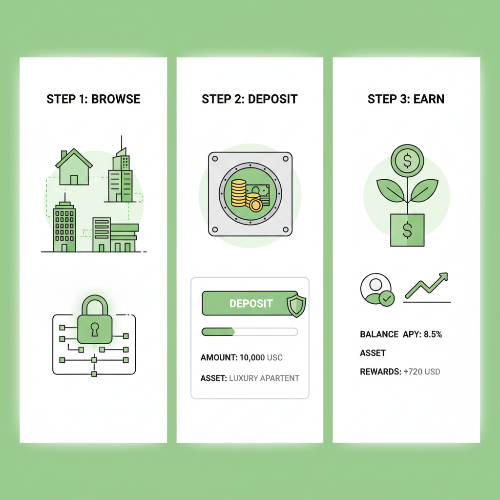 tokenized RWA assets like real estate icons on blockchain, vault deposit interface, green secure theme