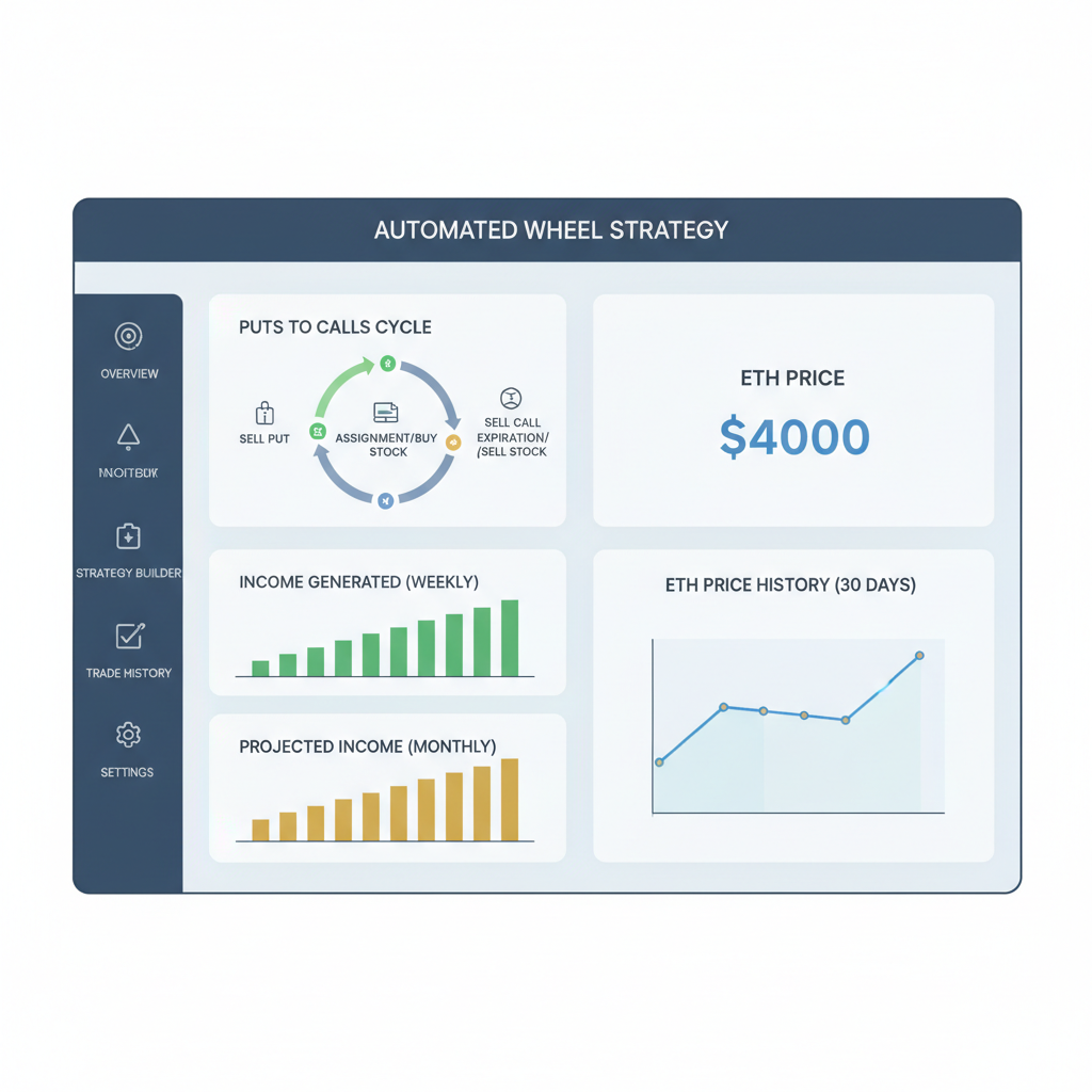 automated wheel strategy dashboard showing puts to calls cycle, income graphs, ETH price $4000
