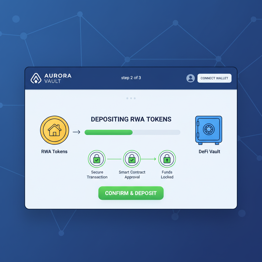 DeFi vault depositing RWA tokens, progress bar, secure lock icons, professional dashboard