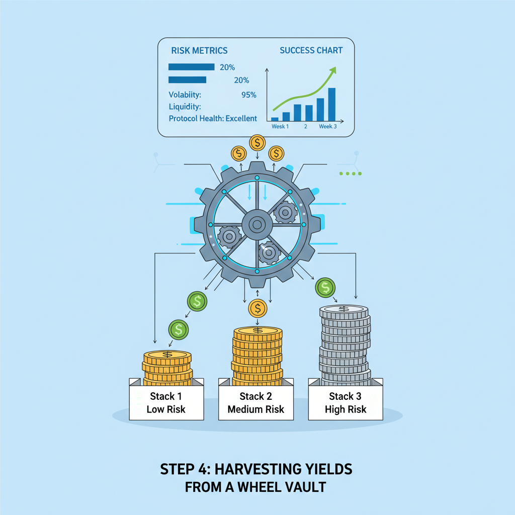 harvesting DeFi yields from wheel vault, coin stacks growing, risk metrics panel, success chart