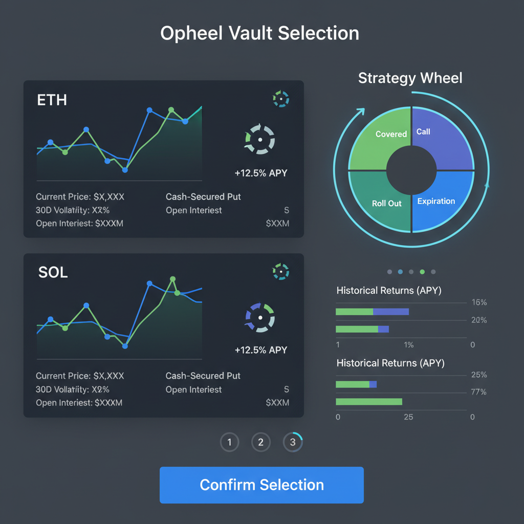 options vault selection screen for ETH and SOL wheel strategy, charts and metrics, dark mode UI