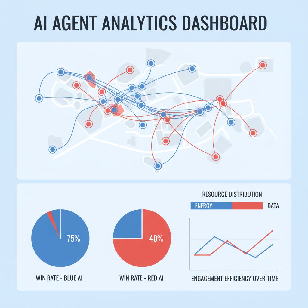 data visualization charts showing AI agent troop patterns and win rate graphs, analytical dashboard
