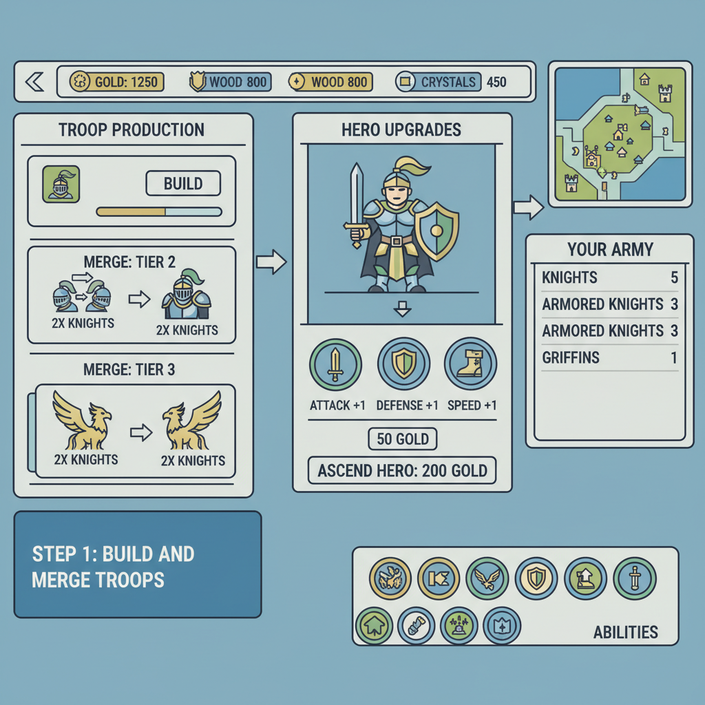 game interface building and merging troops with hero upgrades, fantasy strategy screen