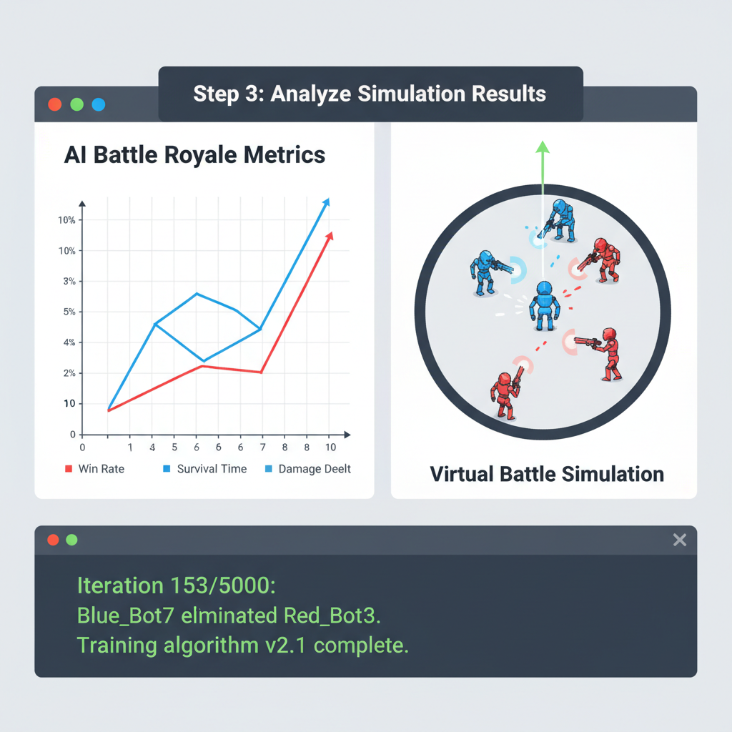simulation software running AI battle royale tests with graphs, virtual arena battles