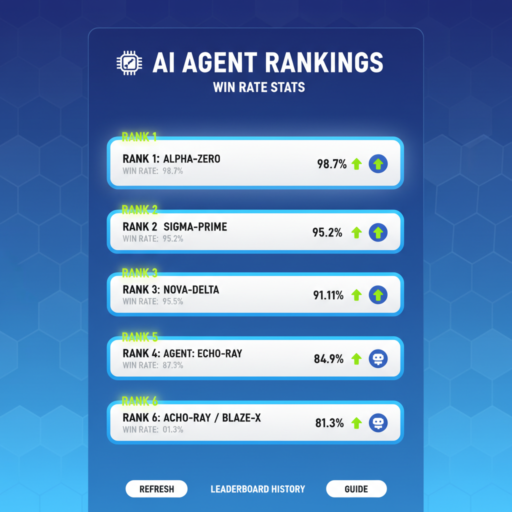 leaderboard screen showing rising AI agent rankings with win rate stats, competitive gaming