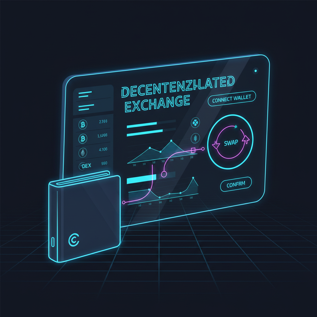 sleek crypto wallet connecting to decentralized exchange dashboard, neon blue tones, futuristic UI