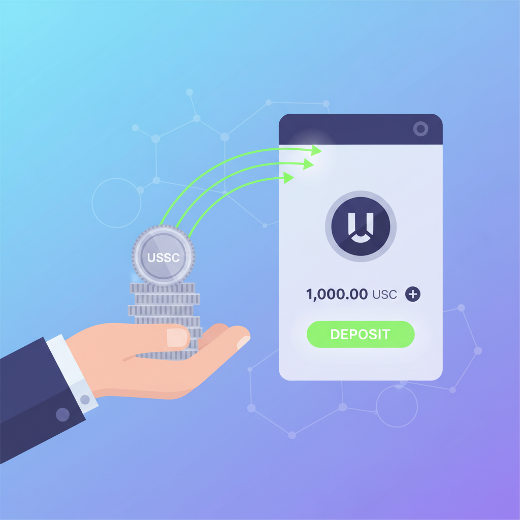 user depositing USDC coins into blockchain wallet interface, glowing green transfers, modern DeFi design