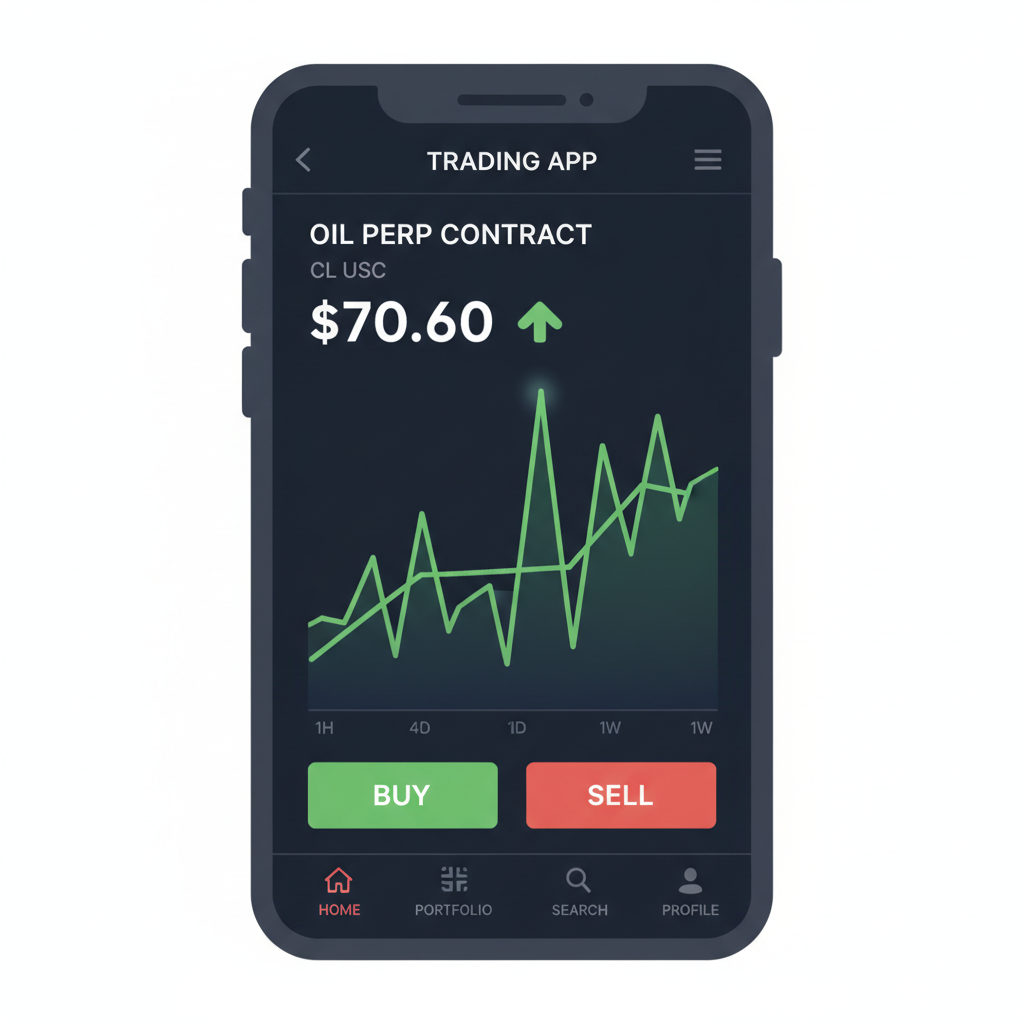 trading app screen showing oil perp contract CL USDC at $70.60, charts spiking, dark mode interface