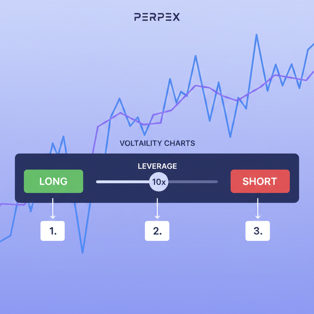 leverage slider on perp trading platform, long short buttons, volatility charts in background