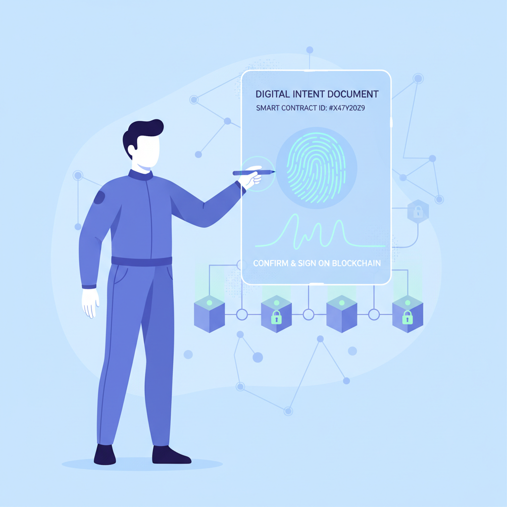 user signing digital intent document on blockchain app, futuristic signature glow, secure crypto theme