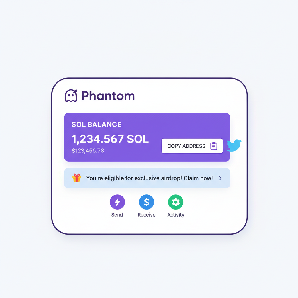 Phantom Wallet dashboard showing SOL balance and copy address button, Twitter bird icon nearby, airdrop notification mockup
