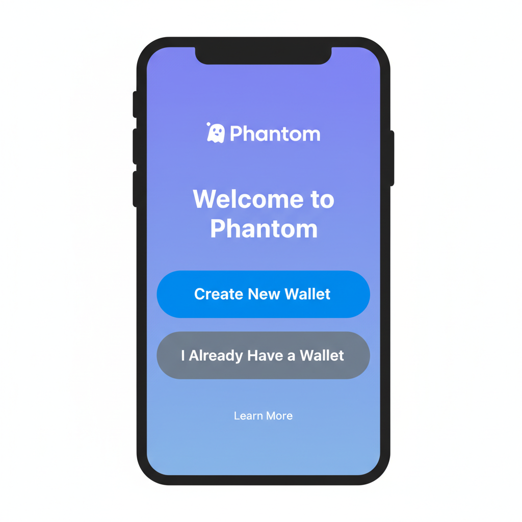 Phantom wallet app interface showing 'Create New Wallet' button on mobile screen