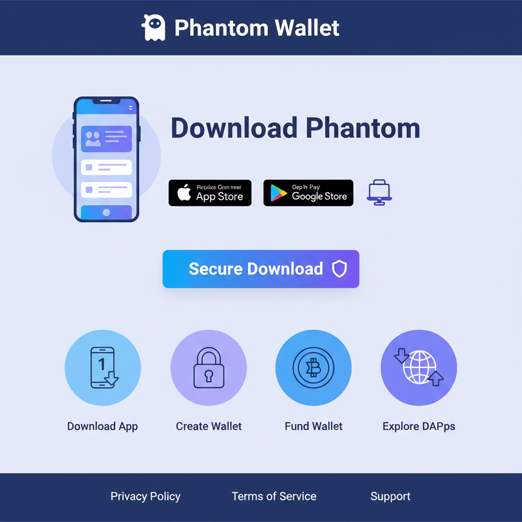 clean screenshot of Phantom Wallet download page on official website, mobile app store icons, secure download button, blue and purple theme