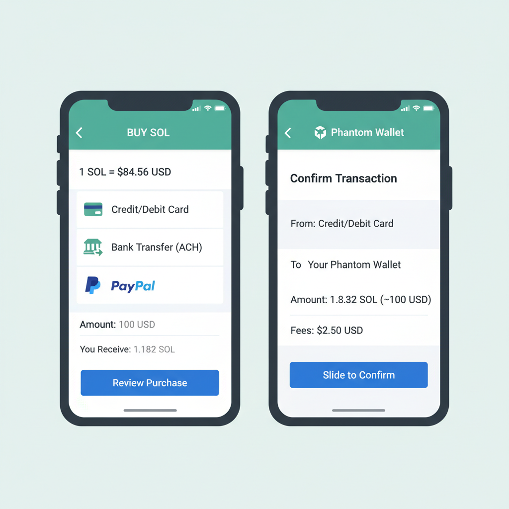 Phantom Wallet buy SOL screen with fiat payment options, current SOL price $84.56 displayed, transaction confirmation