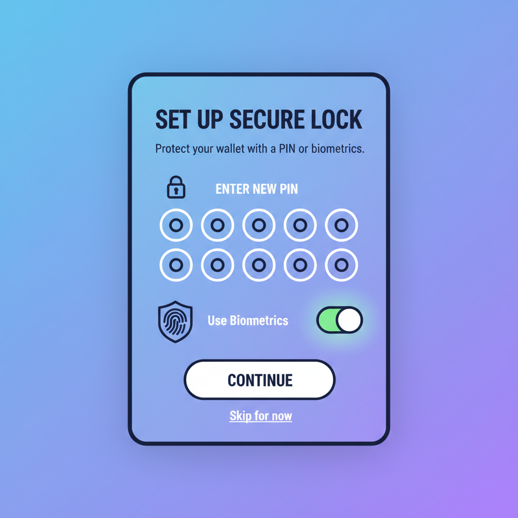 Phantom Wallet setup screen with PIN entry and biometric toggle enabled, secure lock icons