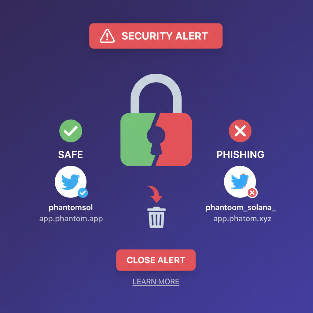 Phantom Wallet security alert screen, scam warning icons, verified Twitter checkmark, safe vs phishing comparison