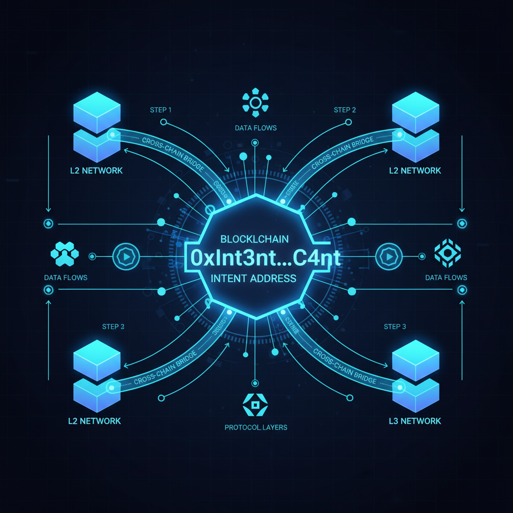 futuristic blockchain intent address glowing, cross-chain bridges connecting L2 L3 networks, neon blue tones, high tech diagram