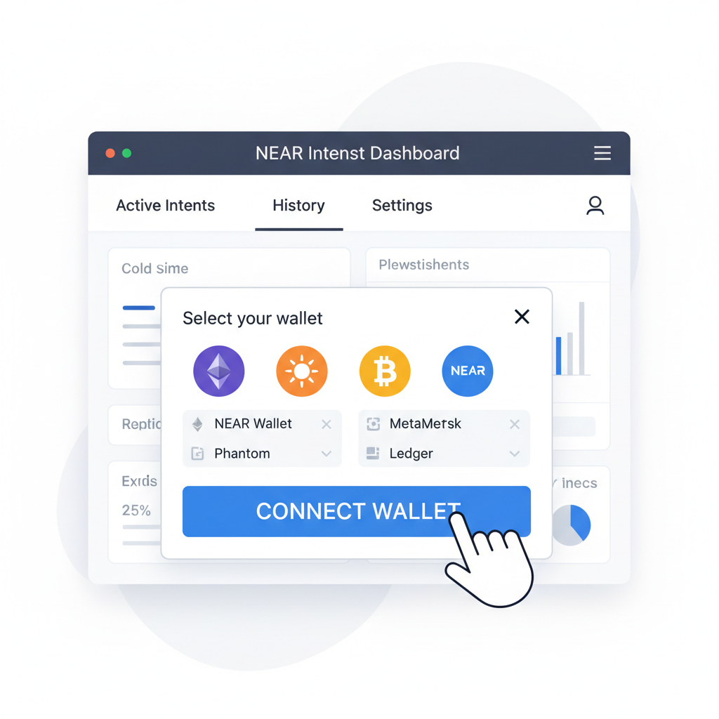 user connecting wallet to NEAR intents dashboard, clean UI with chain icons Ethereum Solana Bitcoin, modern app interface
