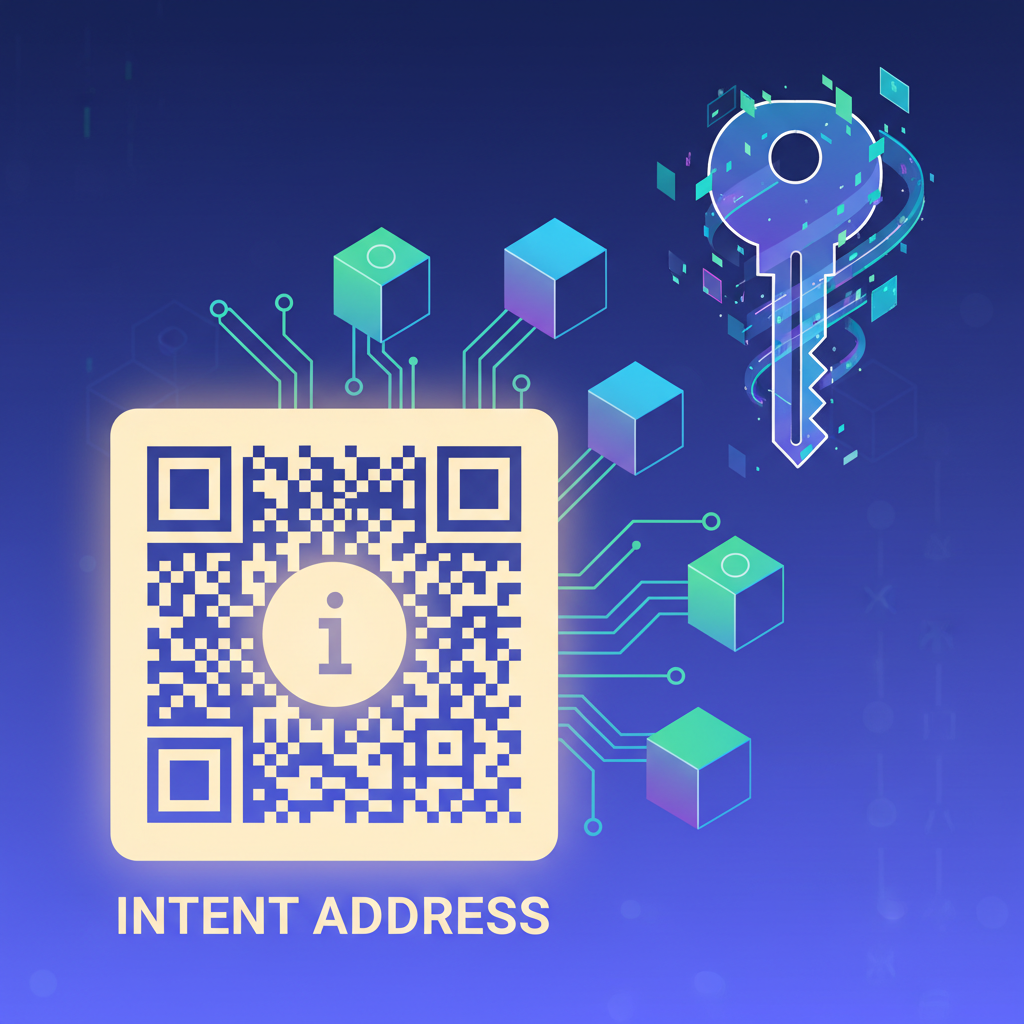 generating glowing intent address QR code, blockchain nodes in background, abstract digital key creation