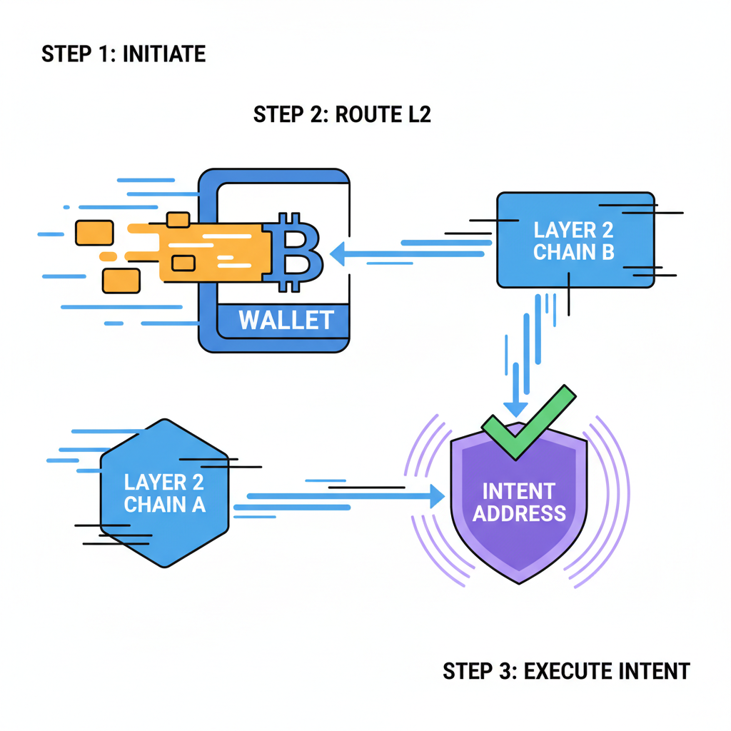 sending cryptocurrency transaction to intent address, animated fund flow across L2 chains, speed lines effect