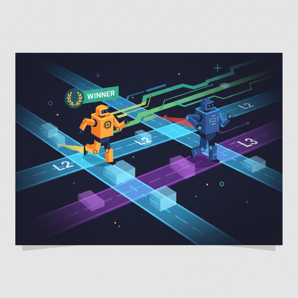competing solver bots racing on blockchain highways connecting L2 L3, data streams and winner highlighted