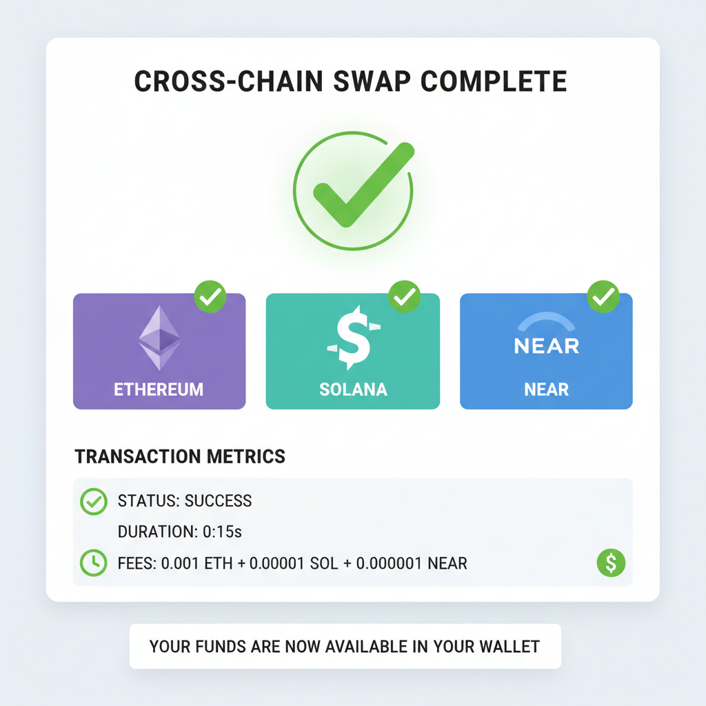 dashboard showing successful cross-chain swap completion, checkmarks on Ethereum Solana NEAR, green success metrics