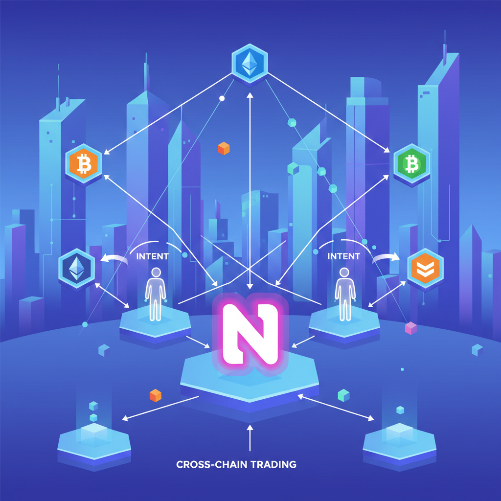 AI agents trading across blockchains via intents, futuristic cityscape with NEAR logo, interconnected nodes