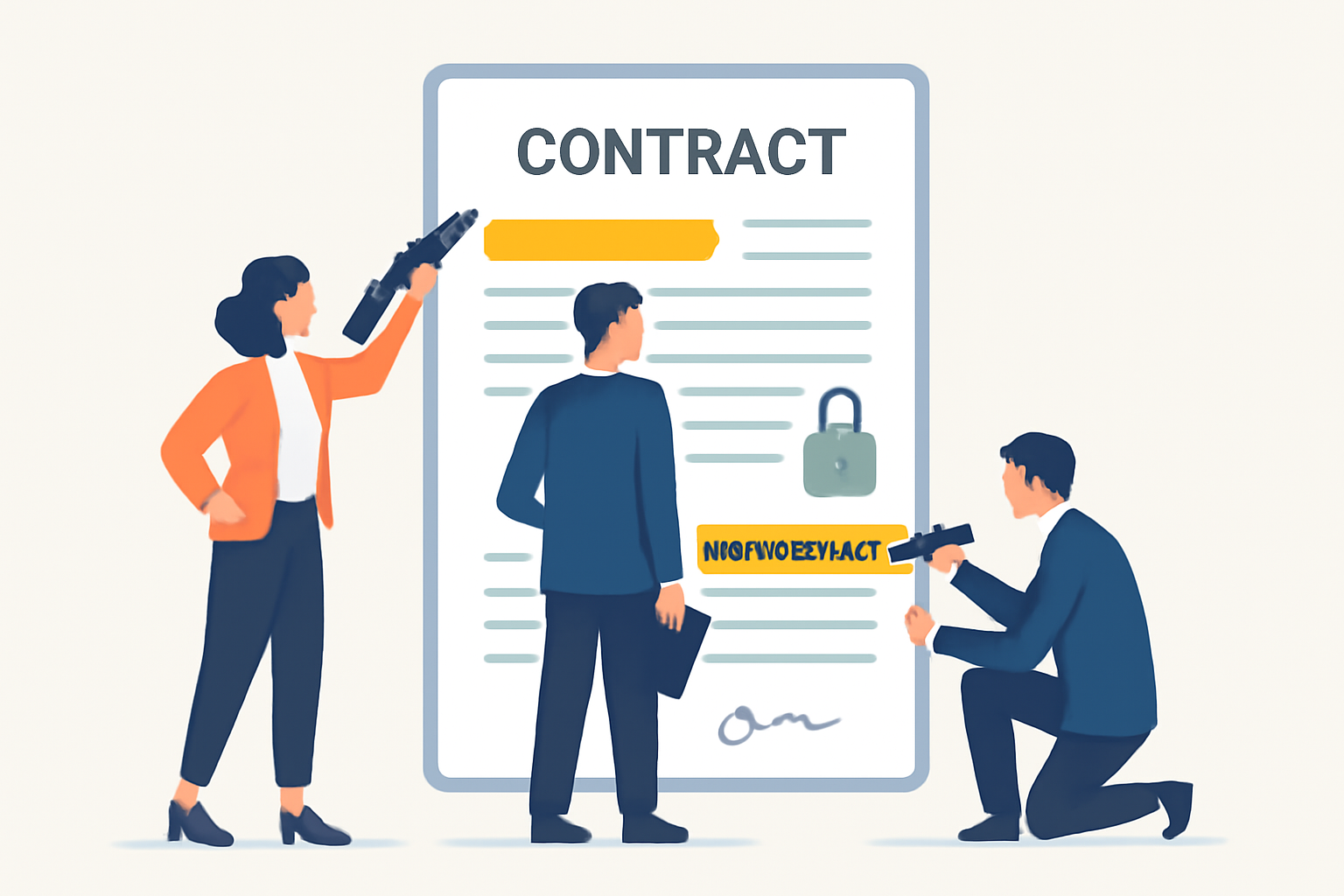 A business team marking confidential sections on a digital contract, with some data highlighted and locked.