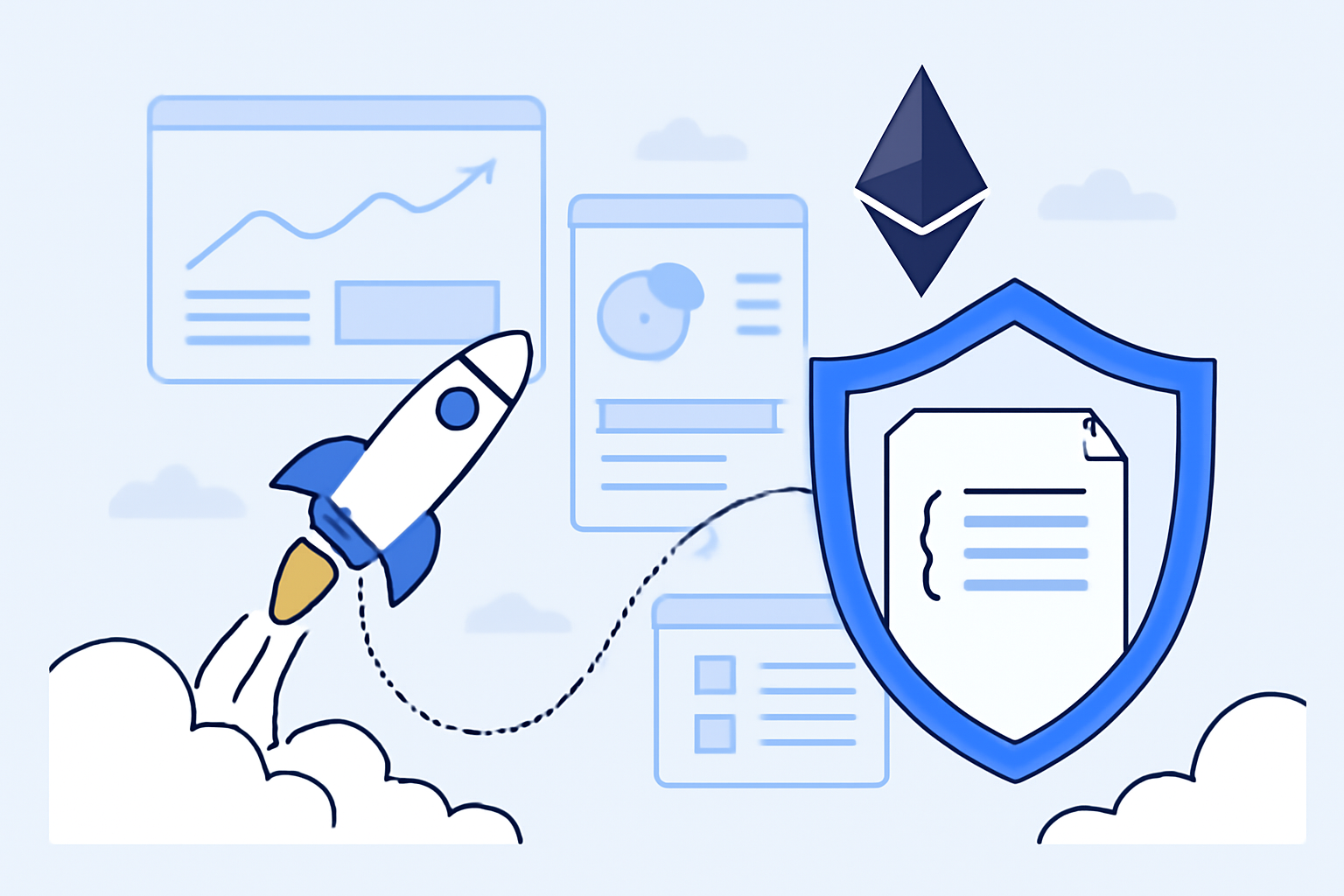 A rocket launching a shielded smart contract onto the Ethereum blockchain, with monitoring dashboards in the background.