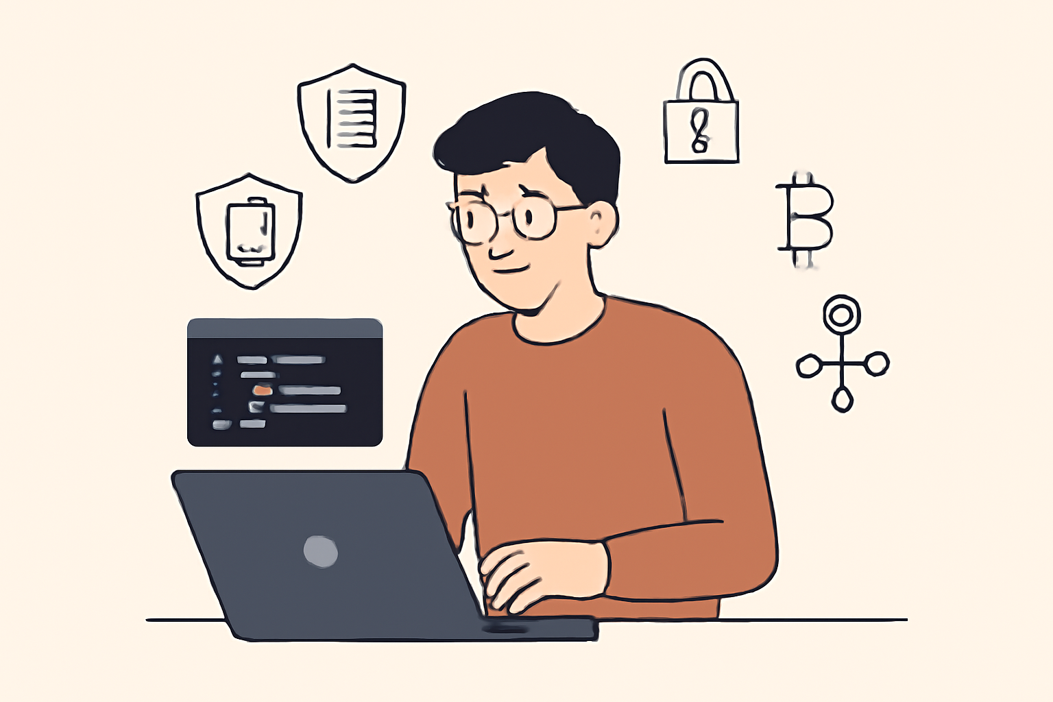 A developer coding a smart contract on a laptop, surrounded by shielded data symbols and cryptographic icons.