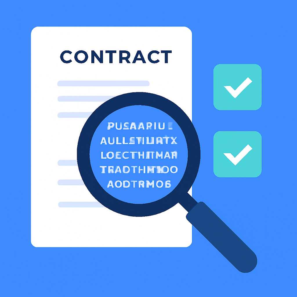 A magnifying glass inspecting a digital contract, with encrypted data and checkmarks indicating successful tests.