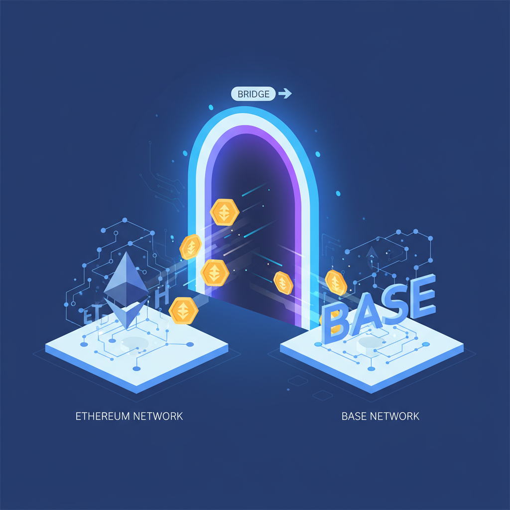illustration of ethereum bridge to base network, glowing portal transferring ETH coins, futuristic crypto style