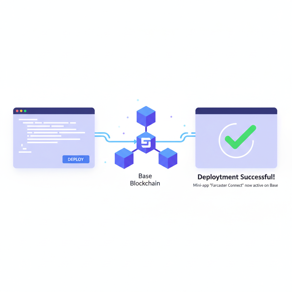 deploying farcaster mini-app on base blockchain, code deploying to network, developer dashboard with success animation