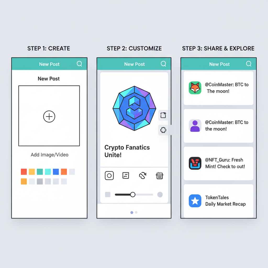 base app mobile screen showing frames posts creation, colorful crypto social feed, modern app interface