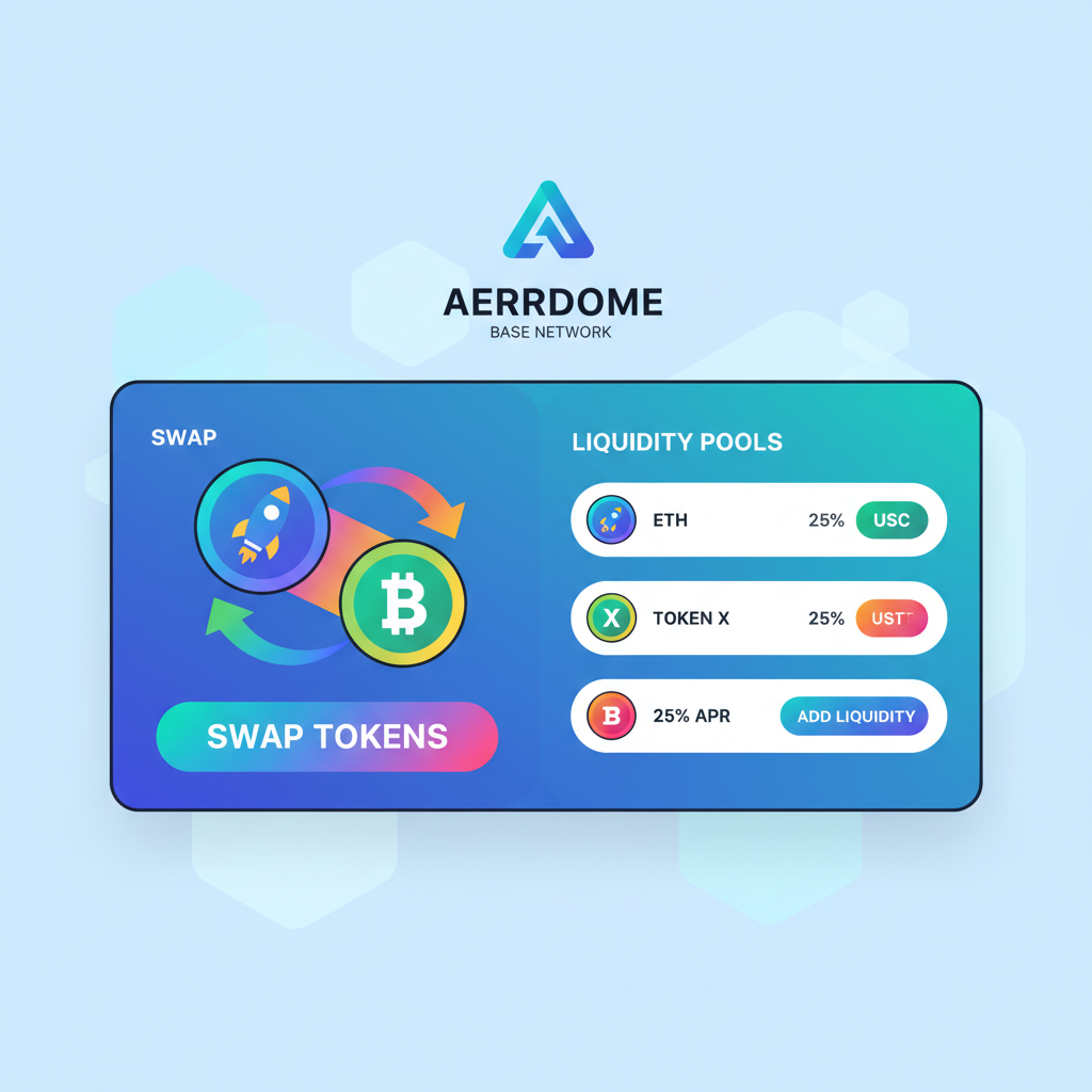 aerodrome dex trading interface on base network, colorful token swaps and liquidity pools, vibrant defi dashboard