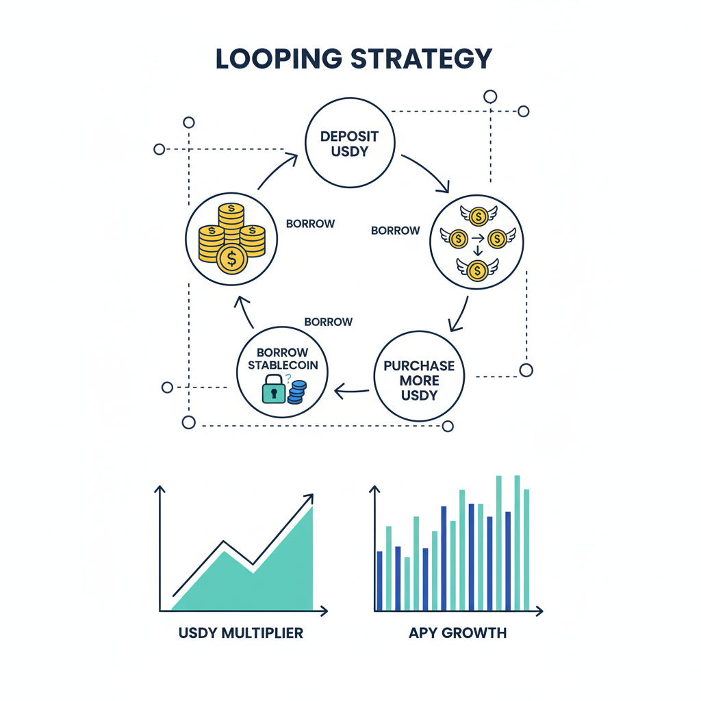 looping strategy diagram with borrow arrows, USDY tokens multiplying, APY charts spiking, dynamic flowchart style