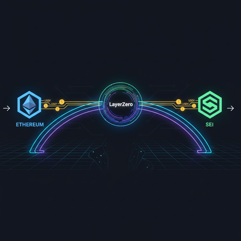 sleek blockchain bridge with USDY tokens flowing from Ethereum to Sei network, glowing LayerZero portal, futuristic neon style
