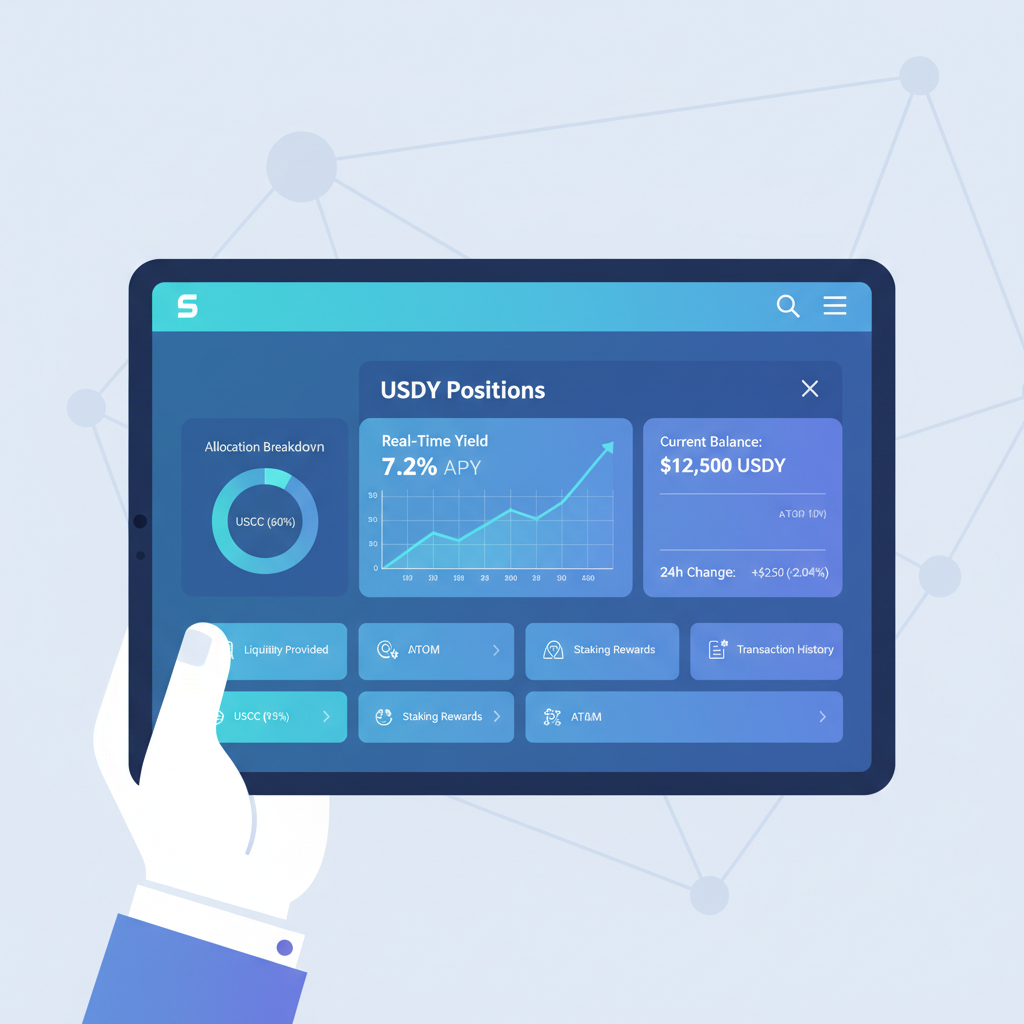 DeFi dashboard monitoring USDY positions, real-time charts and metrics, Sei network theme, sleek analytics UI