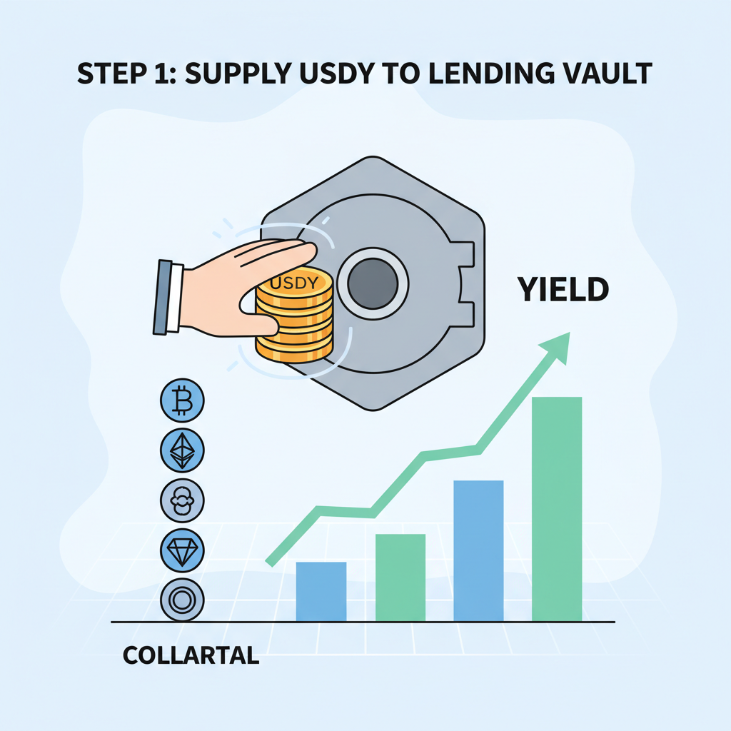 user supplying USDY tokens to lending vault, collateral icons stacking up, yield graphs rising, clean digital art